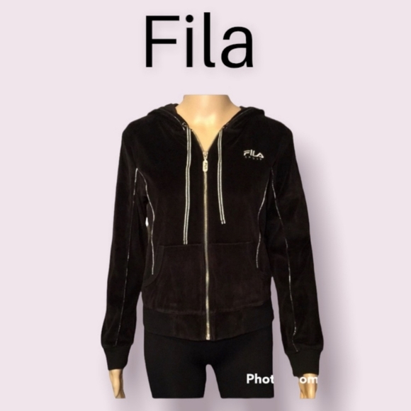 Fila Velour Black Zippered Front Hoodie - Large - Picture 1 of 5